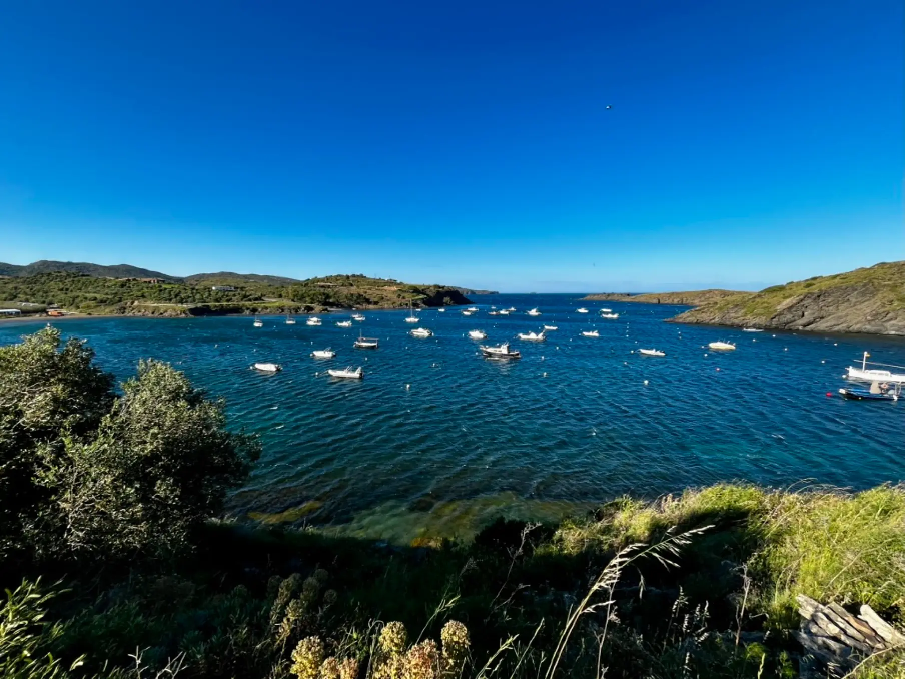 Panoramic view of Portlligat bay with white boats and coastal hills, Cadaqués